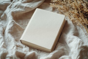 Closed beige book with a linen cover placed on soft fabric near dried grass, creating a cozy scene...