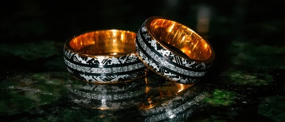 Two gold and black rings on a dark surface