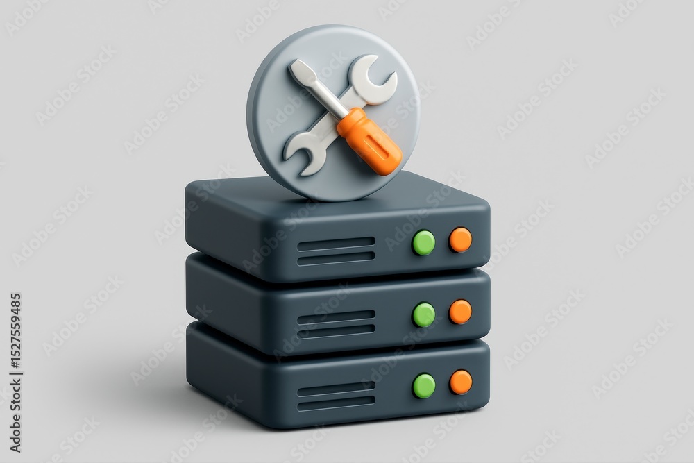 Poster server maintenance icon stack with tools, conceptual 3d render