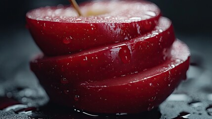 Sliced red apple with shiny surface on dark background, perfect for promoting appetite control and health.