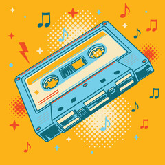Musical audio cassette and notes bright colorful music design