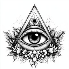 Detailed black and white illustration of an all-seeing eye inside a triangle with floral and leaf elements.