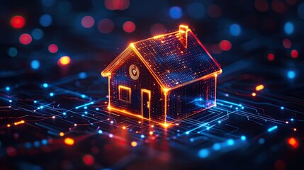 Smart Home Security: A futuristic house icon with security features like keyholes and wifi signals.