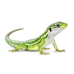 Fototapeta premium A bright green lizard with a curled tail sits on a pure white background.