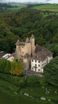 Vertical, aerial: establishing drone shot of Vaumarcus Castle during the day in canton of Neuchatel, Switzerland