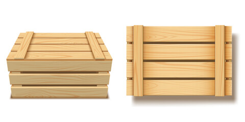 Set of wooden closed boxes in top and side views. Realistic container.