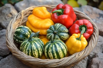 Colorful mix of gourds and bell peppers in a woven basket placed on natural stones in autumn setting.