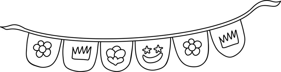 Festival decorations outline with flower, crown, heart, and smiley face icons hanging on string, creating festive and joyful atmosphere for celebrations and parties