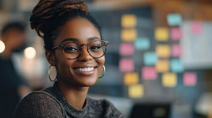 Smiling professional brainstorming with team, colorful sticky notes in the background, creative workspace.