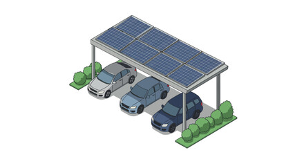 Isometric illustration of solar panels on carport with parked cars vector illustration