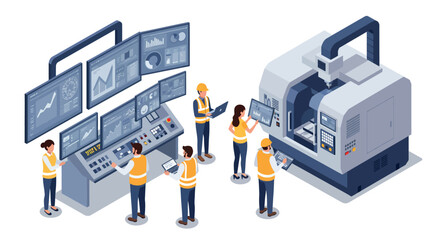 Engineers and technicians operating industrial machinery in a high-tech control room vector illustration