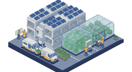 Isometric urban farm with solar panels and greenhouses for sustainable food production vector illustration