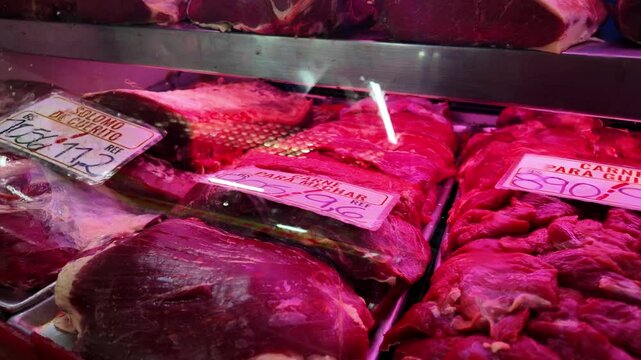 various cuts of fresh red meat, carne para mechar, guisar, solomo cuerito with prices in Bolivares and dollars, food market in Caracas Venezuela