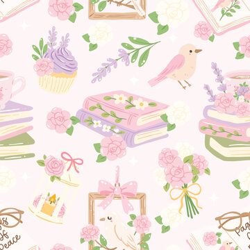 Fototapeta Bookish Garden Pastel Seamless Pattern, Cute Cozy Book Floral Tea Spring Illustration, Pink Cottagecore Digital Background