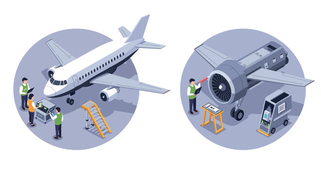 Airplane maintenance scene with technicians inspecting aircraft and engine vector illustration
