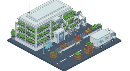 Isometric urban vertical farm with automated robotics and eco-friendly logistics vector illustration
