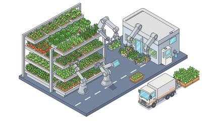 Futuristic vertical farming facility with automated robotics and delivery truck vector illustration