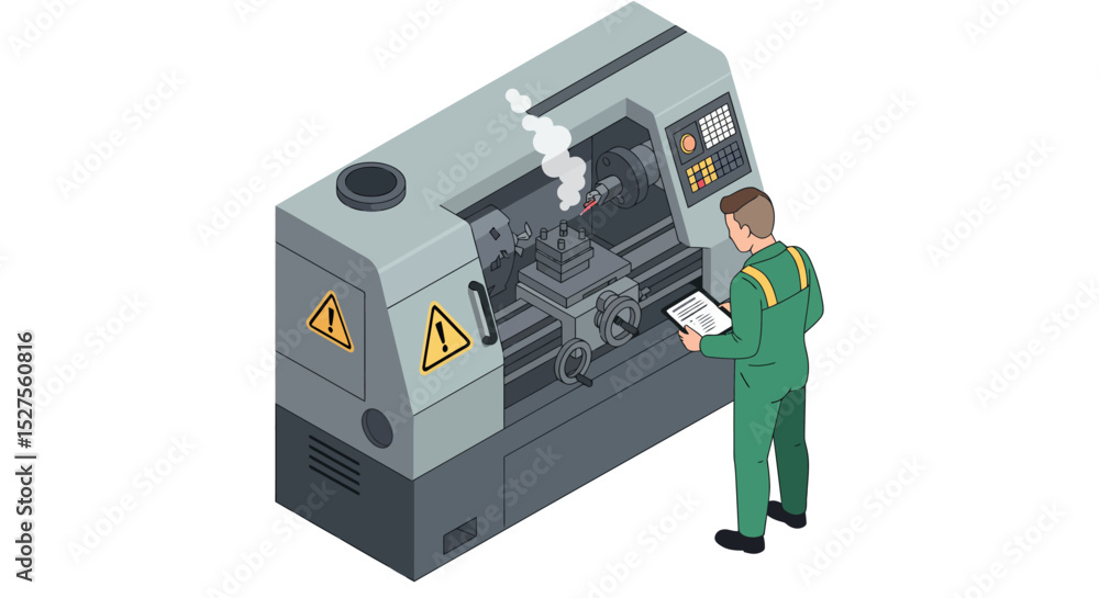 Aufkleber caucasian male engineer operating cnc machine for precision manufacturing in workshop vector illustr