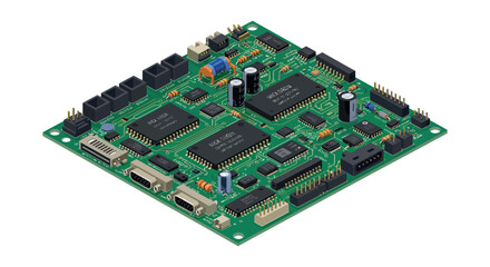 Detailed electronic circuit board with microchips and connectors vector illustration