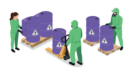 Workers in protective gear handling hazardous material barrels safely vector illustration