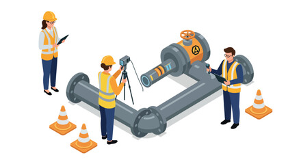 Engineers survey pipeline project with advanced tools and safety gear vector illustration