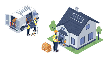 Fototapeta premium Installation of solar panels on residential roof by workers vector illustration