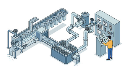 Obraz premium Engineer operating water treatment plant control panel system with piping and valves vector illustration