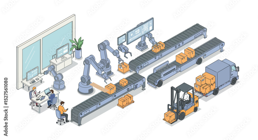 Poster advanced automated warehouse with robotic arm and conveyor system vector illustration