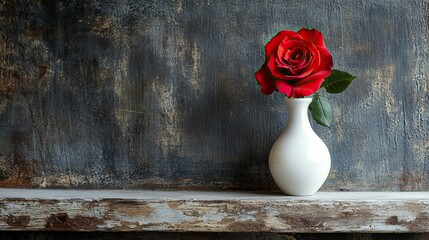 Solitary Beauty: A red rose in a white vase on a rustic shelf, invoking feelings of elegance and solitude.