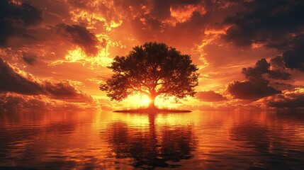 Solitary Tree Silhouetted Against a Golden Sunset Sky, Framed by Fiery Clouds