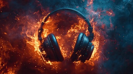 Sonic Blaze: Headphones engulfed in flames with vibrant smoky effects evoking music and technology.