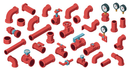 Isometric red plumbing components: pipes, valves, gauges, connectors, fittings in various shapes vector illustration