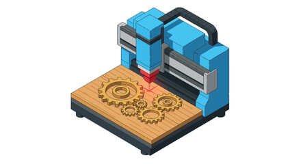 Isometric cnc machine engraving gears on wooden surface vector illustration