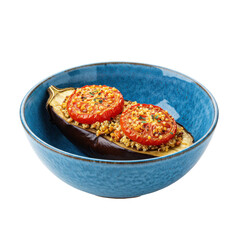 Stuffed eggplant with tomatoes in a blue bowl, showcasing a vibrant kitchen setting