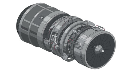 Detailed diagram of modern aircraft turbine engine with visible components vector illustration © Santiago