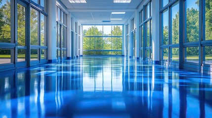 Spacious modern corridor with reflective blue floor, large windows allowing natural light to flood in.