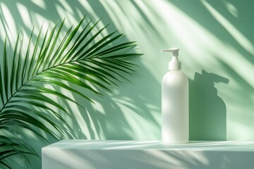 Minimal white cosmetic bottle with pump on pastel green background with tropical leaf shadows and light.
