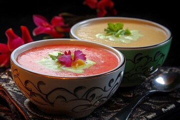 Two vibrant bowls of creamy soup garnished with herbs and flowers, served elegantly with a spoon.