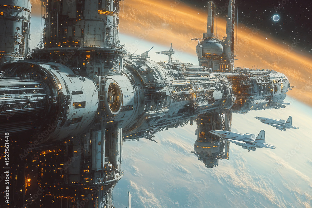 Poster futuristic spacecraft orbiting earth with solar panels in a high tech cosmic environment generative 