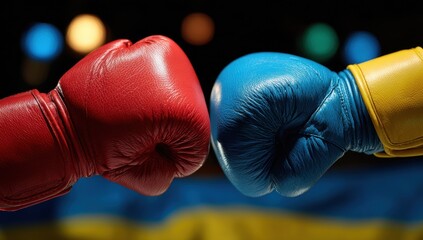 Boxing gloves, red and blue, facing off