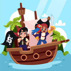 Pirate Ship Sailing Adventure Cartoon Illustration