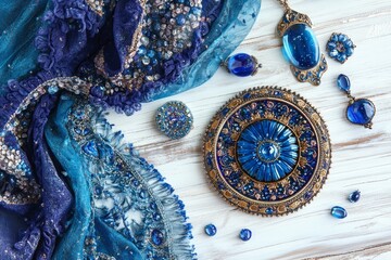 Luxurious vintage blue jewelry and embroidered fabric on white wooden background, rich in detail.