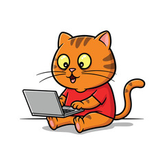 A Surprised Cute Orange Cat Clipart Using a Laptop Computer