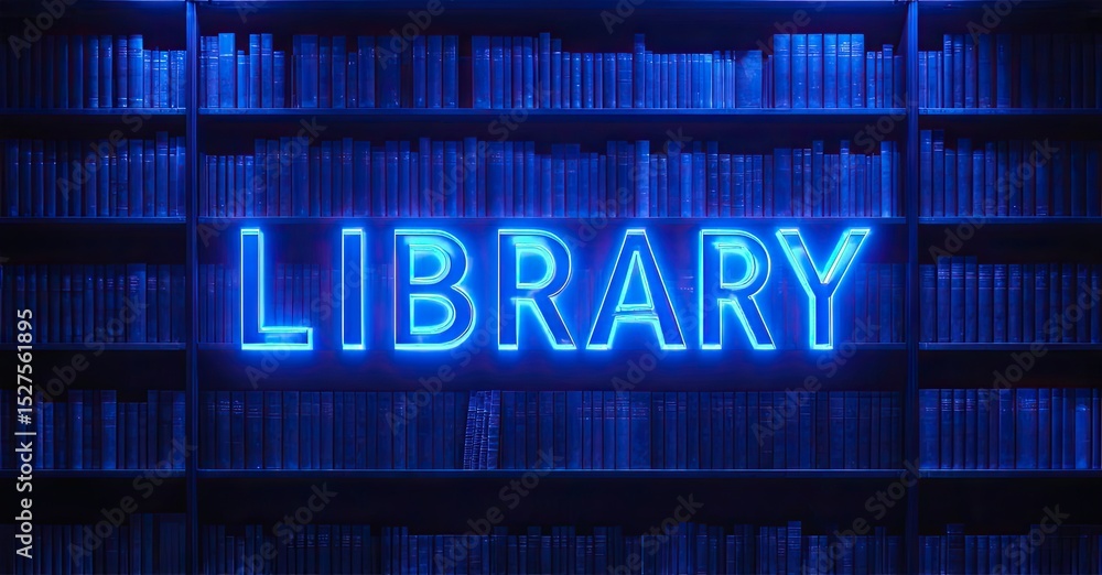 Poster bookshelves filled with books. bright neon sign spells library, creating dramatic blue glow. dark ba