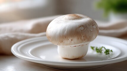 A single white mushroom placed on a white plate with a sprig of parsley beside it.