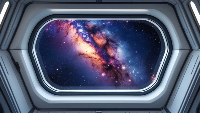Fototapeta a beautiful view onto the galaxy seen from the window of a space station