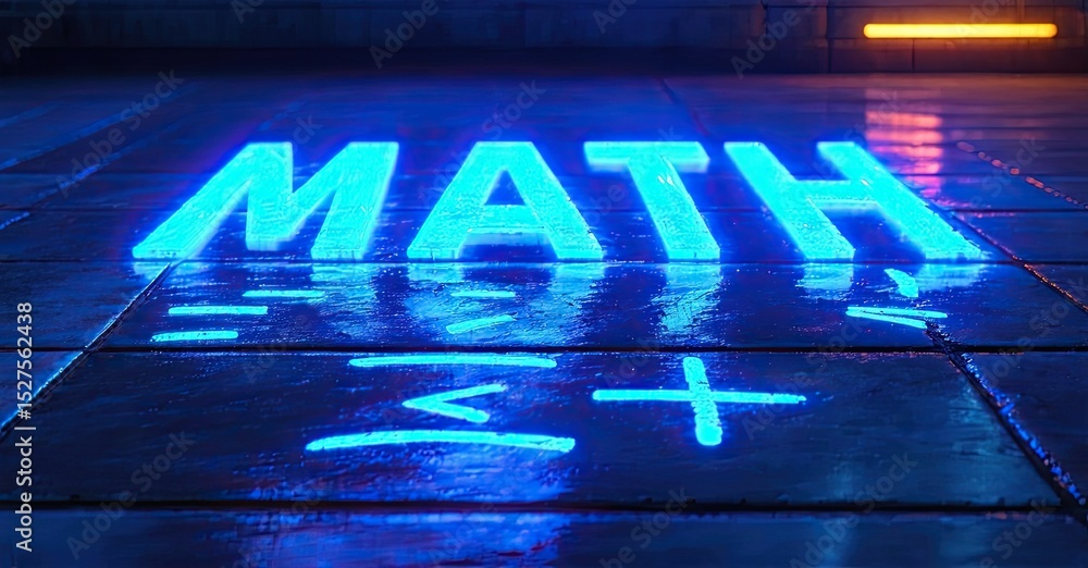 Poster bright neon text spells math over wet tiled surface. symbols below suggest equations, illuminated bl