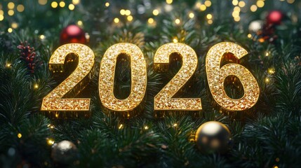Golden 2026 numbers decorated on a festive Christmas tree background