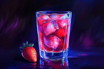 Colorful digital painting of strawberry cocktail with ice cubes in glass and fresh berry on table.