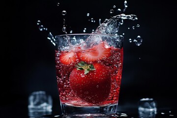 Glass of sparkling strawberry drink with fresh berries and splash on dark background, refreshing scene.